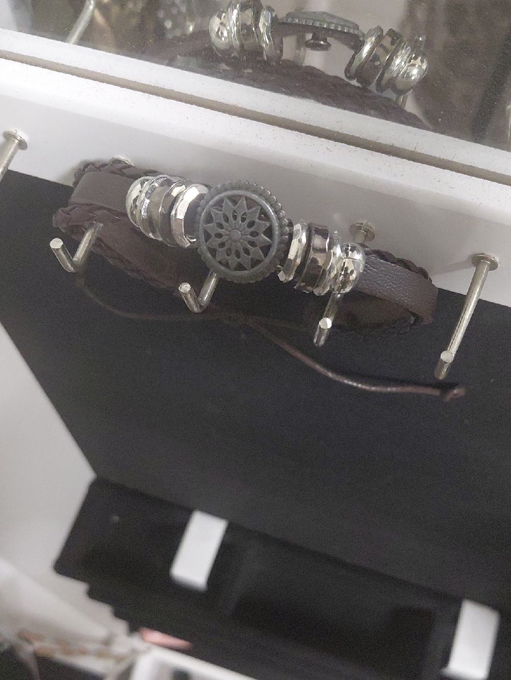 Brown Leather Beaded Bracelet with Metal Accent